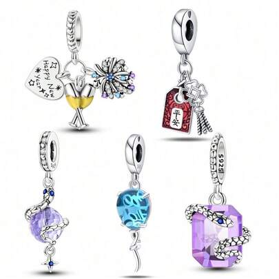 1 Ciondolo in argento sterling a forma di fuochi d'artificio e calice di champagne per Capodanno, ciondolo a forma di palloncino, collezione Mystic Purple - ciondolo a forma di serpente, ciondolo a forma di serpente viola, ciondolo a forma di pace. Ideale per la creazione di gioielli fai-da-te, si abbina bene a bracciali, collane e perline in serpentino naturale. Un regalo di lusso per i propri cari.