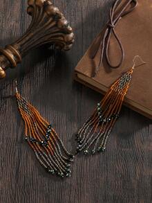 2 piezas Pendientes de borla con cuentas bohemios hechos a mano, estilo vintage, con patrón geométrico de diamante de color oscuro, con borlas oscilantes, decorados con cristales artificiales, accesorios elegantes y de moda adecuados para mujeres, vacaciones, fiestas, uso diario casual, gran idea de regalo