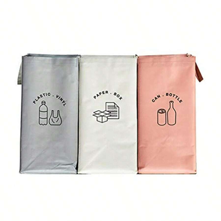 Separate Recycling Waste Bin Bags For Kitchen Home Recycle Garbage Trash Sorting Bins Organizer Waterproof Baskets Compartment Container Set Of 3 Color Pack