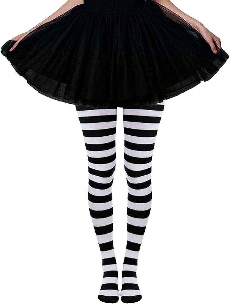 2 Pairs Women's Nylon Striped Tights Striped Tights Women Women's Stocking Hosiery - 黑與白 - 查看 1