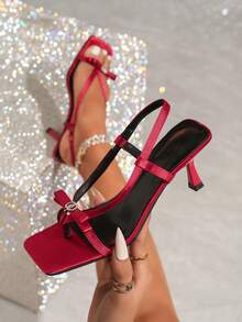 Women's French Fairy Style Square Toe Backless Sandals, Red Bowknot Open Toe High Heels, New Summer Design