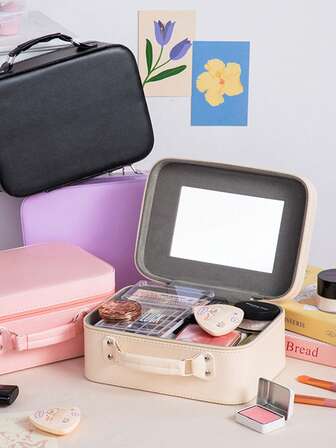 1pc Fashion Solid Color Makeup Case With Mirror, Large Capacity Makeup Bag, Portable Cosmetic Storage, Convenient Handbag Gift,Gifts For Women,Christmas Gifts,Gift Ideas For Women