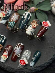 10pcs Full Cover Handmade Fake Nails Set, Coffin Shaped Nails, Handpressed Nails. Red, Green, Brown 3-Color Handmade Snowflake French Manicure, 3D Christmas Snowman And Christmas Tree Patterns, Well-Crafted, Suitable For New Year And Christmas Parties. Comes With 1 Mini Nail File And 1 Double-Sided Adhesive Sticker.
