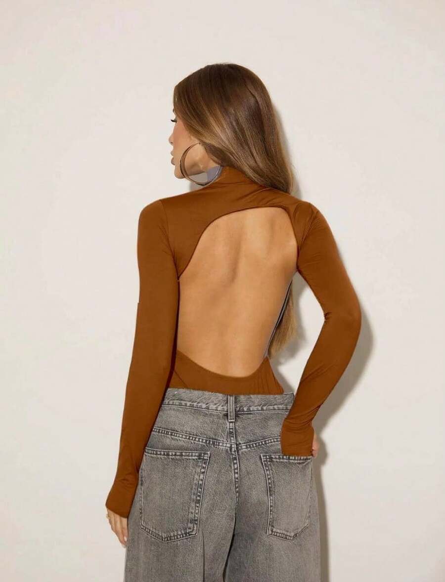 Women's Body Shaper Leotard Second Skin Long Sleeve Open Back Bare Back High Neck Finger Versatile Casual Occasional Foreign Fashion Elegant Basic - Màu nâu Mocha - Xem 1