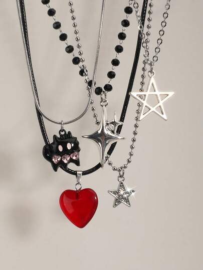 5 件复古哥特式 Y2K 黑猫、粉红心、锆石、暗星吊坠项链套装，女式朋克风格项链