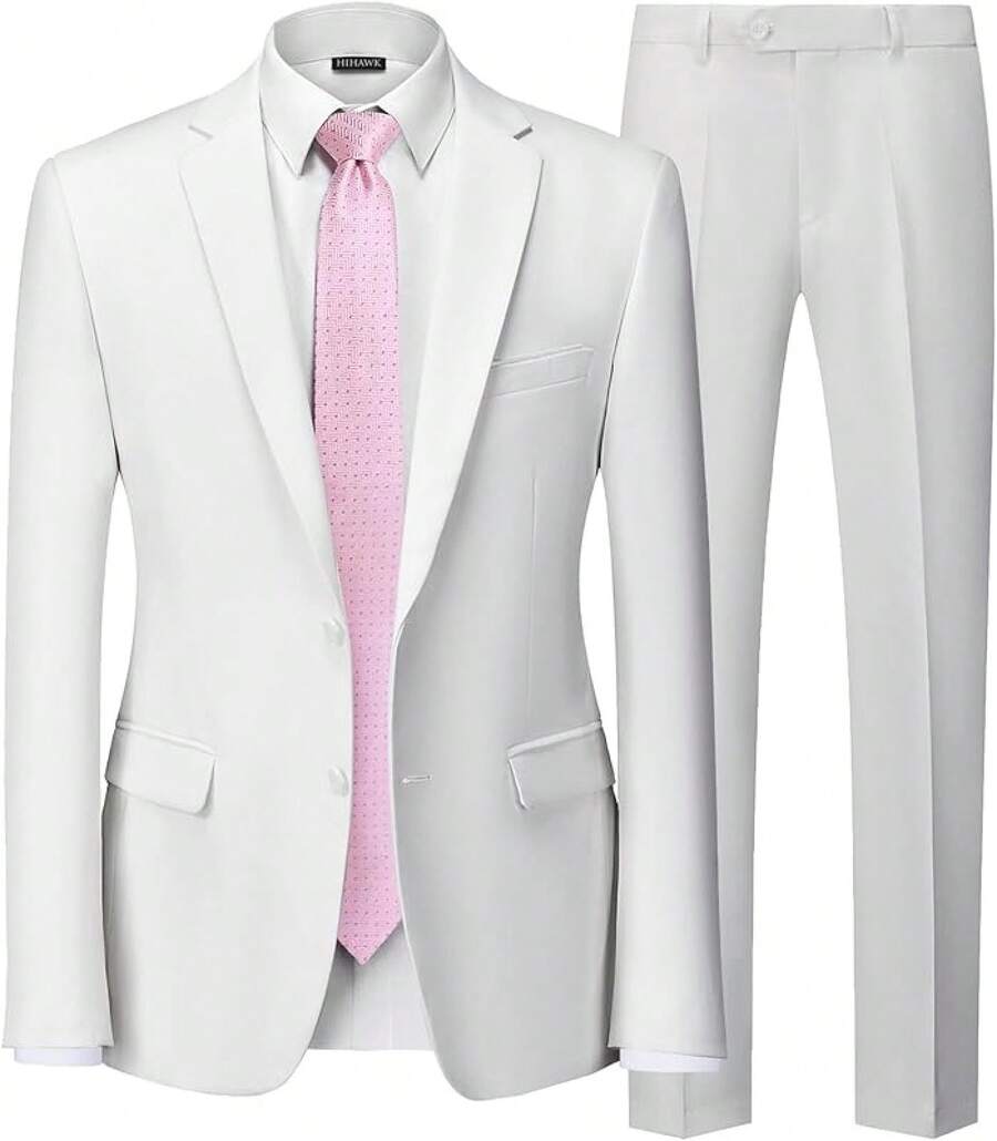 Traje de 2 piezas para hombre Hihawk, conjunto de pantalones sólidos de 2 botones, FGLB Navidad - Blanco - Ver 1