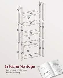 Bücherregal mit 5 Ebenen, Eckregal mit Schublade, Leiterregal, Industrial-Design, mit Stahlrahmen, für Wohnzimmer, Home Office, Schlafzimmer, 24 x 60 x 165 cm,24 x 40 x 165 cm - Vintagebraun-Schwarz - Übersicht 5