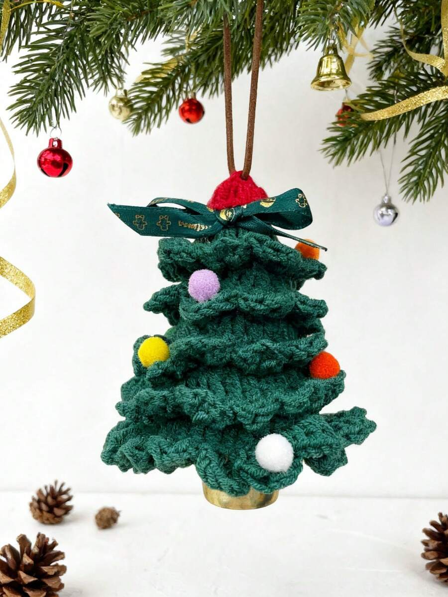 Knitted Christmas Tree, Mini Christmas Tree Ornaments For Car Decoration, Hanging Mirror Car Accessories, Crochet Green Christmas Home Decor