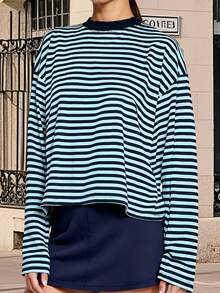 Women Striped Long Sleeve Baggy T Shirts Y2k Vintage Stripes Oversized Boxy Tees Cropped Tops Lionesss Stripped Sweatshirt Fall Preppy Teen Girl Clothes - 藍色 - 查看 5