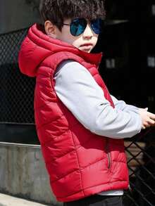 Chaleco Ligero Para Niño Con Capucha Desmontable Con Forro Por Dentro  y Bolsillos Funcionales, Perfecto Para Actividades Al Aire Libre En Otoño-Invierno - Rojo - Ver 2