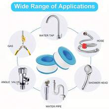 Praktyczna, minimalistyczna, biała, metalowa taśma uszczelniająca w ciasnym owinięciu, niebiesko-biała, plastikowa, na szpuli, doskonała do naprawy domowej instalacji wodno-kanalizacyjnej, montażu baterii kuchennych, podłączania armatury łazienkowej i uszczelniania rur przemysłowych