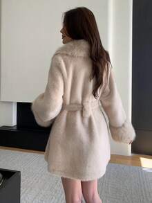 Women's Solid Color Long Sleeve Faux Fur Collar Tie Waist Christmas Jacket - Apricot - View 8
