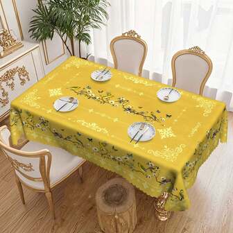 1pc Vintage Yellow Bird Tablecloth - Vibrant Floral And Butterfly Design, Polyester Round And Rectangular Tablecloth, Suitable For Home Dining And Party Decor, Spring/Summer Decor, Easter Decor, Party Tablecloth, Kitchen Accessories, Room & Outdoor Decor, Perfect Gift For Housewarming & Holidays