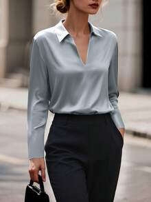 elfnokto Blusa elegante da donna con scollo a V, tinta unita, leggera, con mezza patta, manica lunga, adatta per l'ufficio, primavera/autunno - Grigio Chiaro - Visualizzare 4