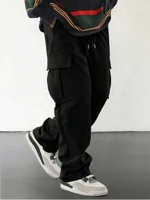 男士宽松工装裤，带口袋和抽绳腰带，纯色直筒休闲裤，适合作为礼物送给丈夫或男友，黑色春季款 - 黑色 - 查看 3