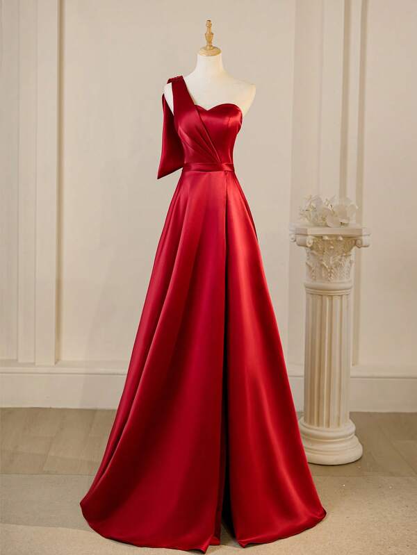 Elegant Satin One-Shoulder Cinched Waist A-Line Maxi Dress, Formal Evening Gown For Wedding, Engagement Party