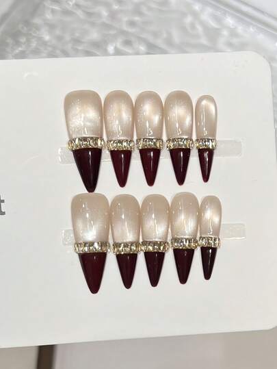10片手工美甲片，尖头长款按压式美甲，优雅裸色、香槟红、闪亮猫眼、法式红边美甲，镶嵌钻石美甲宝石，前卫简约奢华冬季美甲，春季按压式美甲，适合派对、日常、约会、海滩、热带度假等场合，DIY美甲，适合女性和女孩作为礼物，美甲用品