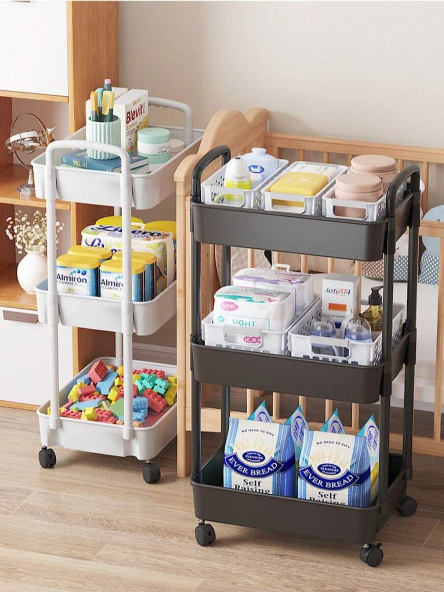 3 Tier Rolling Utility Cart Organizer With Removable Drawer, Stable And Sturdy Black Rolling Storage Carts With 2 Lockable Wheels For Bathroom, Kitchen, Snack, Craft, Makeup, Baby Essentials,Christmas Gifts - 黑色 - 查看 1