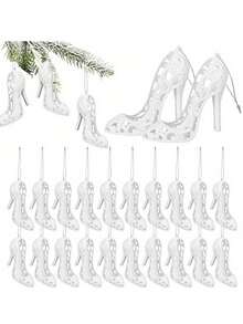 3 pezzi S Bianco brillante Set di pendenti con tacco alto Mini decorazioni con tacco alto - Elegante decorazione per albero di Natale in plastica bianca lucida, design classico ed elegante, decorazione con design di scarpe alla moda con anelli per appendere, adatta per alberi di Natale, realizzata in plastica resistente, perfetta per feste natalizie - Bianco - Visualizzare 2