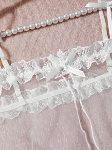 Women's White Nightgown, Cute Doll Dress, Bow Decor, Bridal Lace & Chiffon, Slit, Ruffle Hem, Sexy Summer Lingerie Set, Bridal, Bride Underwear, Sexy Chiffon Dress Set - White - View 3