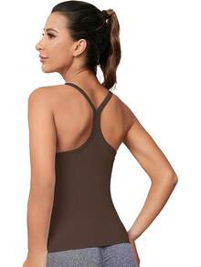 Workout Tops Women With Built In Bra, Sleeveless Gym Tops Seamless Racerback Athletic Yoga Shirts, Activewear - 咖啡 - 查看 2