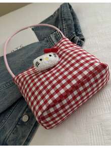 Sanrio Plaid Tote Bag Women's Cute Cartoon Check Pattern Shoulder Bag Lightweight Spacious Hobo Purse Kawaii Aesthetic Casual Daypack Gift Idea - Multicolor - View 4