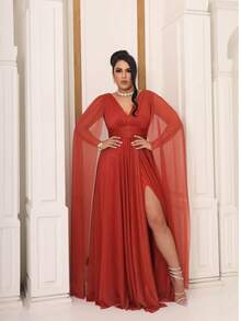 Luxurious Long Dress With Flare Sleeves And Elegant Side Slit For A Timeless Party* - 亮橙色 - 查看 3