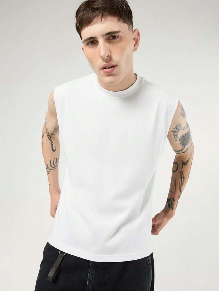 Men's 100% Cotton Oversized Tank Top Basic Oversized Blouse Looser And Plain Sleeveless T-Shirt - 白色 - 查看 1