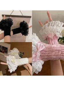 1 pieza Duradera y suave al tacto, estas mangas con lazo de encaje están adornadas con ribete de encaje y lazos. Perfectas para combinar con un vestido dulce para citas o fiestas.