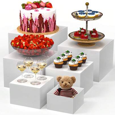 6 PCS Buffet Risers, Large Food Risers For Buffet Table, Display Stand Shelf For Party, Catering, Jewelry & Collectibles, White Plastic Nesting Boxes For Food Display