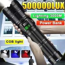 Extra Large And Powerful Flashlight, Super Bright Rechargeable LED Tactical Light, With High Power 3-Color COB Light, Waterproof Telescopic Zoom Outdoor Emergency Power Supply, For Camping, Fishing, Cycling, Night Patrol And Maintenance - Black - View 2