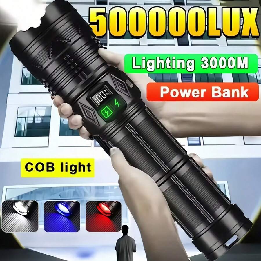 Extra Large And Powerful Flashlight, Super Bright Rechargeable LED Tactical Light, With High Power 3-Color COB Light, Waterproof Telescopic Zoom Outdoor Emergency Power Supply, For Camping, Fishing, Cycling, Night Patrol And Maintenance