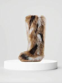 Womens New Faux Fur Snow Boots Round Toe Non Slip Fuzzy Fluffy Y2K Style Knee High Warm Furry Winter Boot Cozy Pull On Party Indoor Outdoor Casual Elegant Easter Gifts Concert Tall Spring Brown Booties For Women - 彩色 - 查看 3