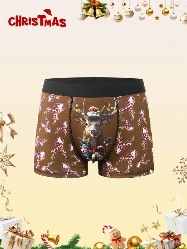 As cuecas impressas digitalmente de uma rena usando um cachecol de Natal, com cinto elástico e tecido, são adequadas para usar durante o período de Natal e são um presente de Natal para seu namorado e família (roupa íntima masculina).