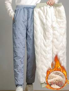 女士保暖内衬锥形裤，纯色羊羔绒菱形图案，保暖休闲户外裤，带抽绳腰带和拉链口袋，冬季 - 藍色 - 查看 4