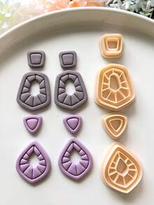 2/4件套优雅不对称几何图案聚合物粘土切割器套装，波西米亚风格高精度DIY珠宝制作套装，耳环粘土工具，几何条纹压花粘土切割器 - Clay Cutter - 查看 9