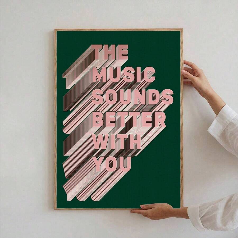 1pc, The Music Sounds Better With You Canvas Prints, Pink Bold Text Poster Wall Decor, Retro Dark Green Background Posters And Prints, For Contemporary Home Decoration Canvas Poster, Dormitory, College Apartment, Kitchen, Living Room, Office, Wall Decor, Frameless Art Print - Multicolor - View 1
