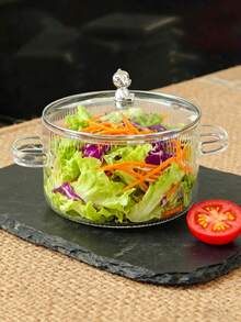 1PC高硼硅玻璃双耳炖锅-0.35/1.6L大容量+耐高温高硼硅玻璃双耳炖锅-心形熊柄家用煲汤煮奶简约风格透明锅身圆形耐热双耳适用于明火微波炉