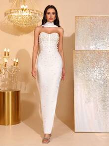 Elegant Beaded Decor Strapless High Slit Bridesmaid Dress, Bandage Party Gown - White - View 2