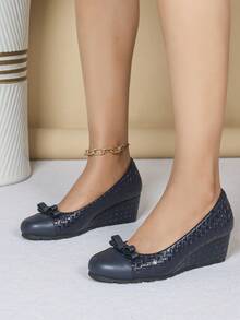 Women's Fashion Wedge Heel Soft Comfortable Pointed Toe High Heels - Navy Blue - View 2
