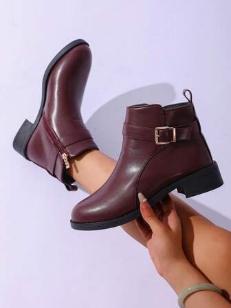 Botas cortas de mujer de tacón grueso con hebilla, punta redonda, unicolor, cremallera y hebilla de metal versátil, uso diario casual, otoño/invierno, color marrón, cuero
