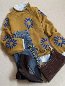 秋冬时尚休闲舒适保暖杏色花朵图案针织高领长袖宽松毛衣套头衫