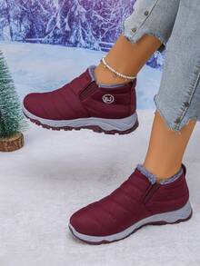 Waterproof Snow Boots With Signature 'BJ' Embroidery, Women's Black Red Slip-On Winter Boots With Plush Lining & Elastic Gore, Thermal Flat Ankle Boots