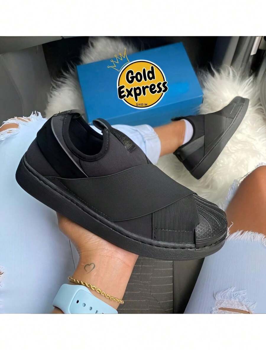 Women's Sports Sneakers Slip On Elastic Casual White Black 34 To 39 Soft And Light Comfortable Express Shipping! - 黑色 - 查看 1