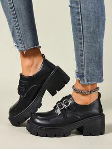 Chaussures de robe classiques confortables pour l'uniforme scolaire avec bride à la cheville, plateforme, talon épais et boucle décorative, style Y2K Goth Lolita, pour femmes - Veste croisée noire mate - Voir 5