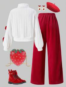 Conjunto de 2 piezas de top tejido con textura 3D de fresa dulce y encantadora y pantalones de pana roja para niñas jóvenes, perfecto para el campus diario, actividades al aire libre y fiestas en primavera, otoño e invierno - Blanco - Ver 4