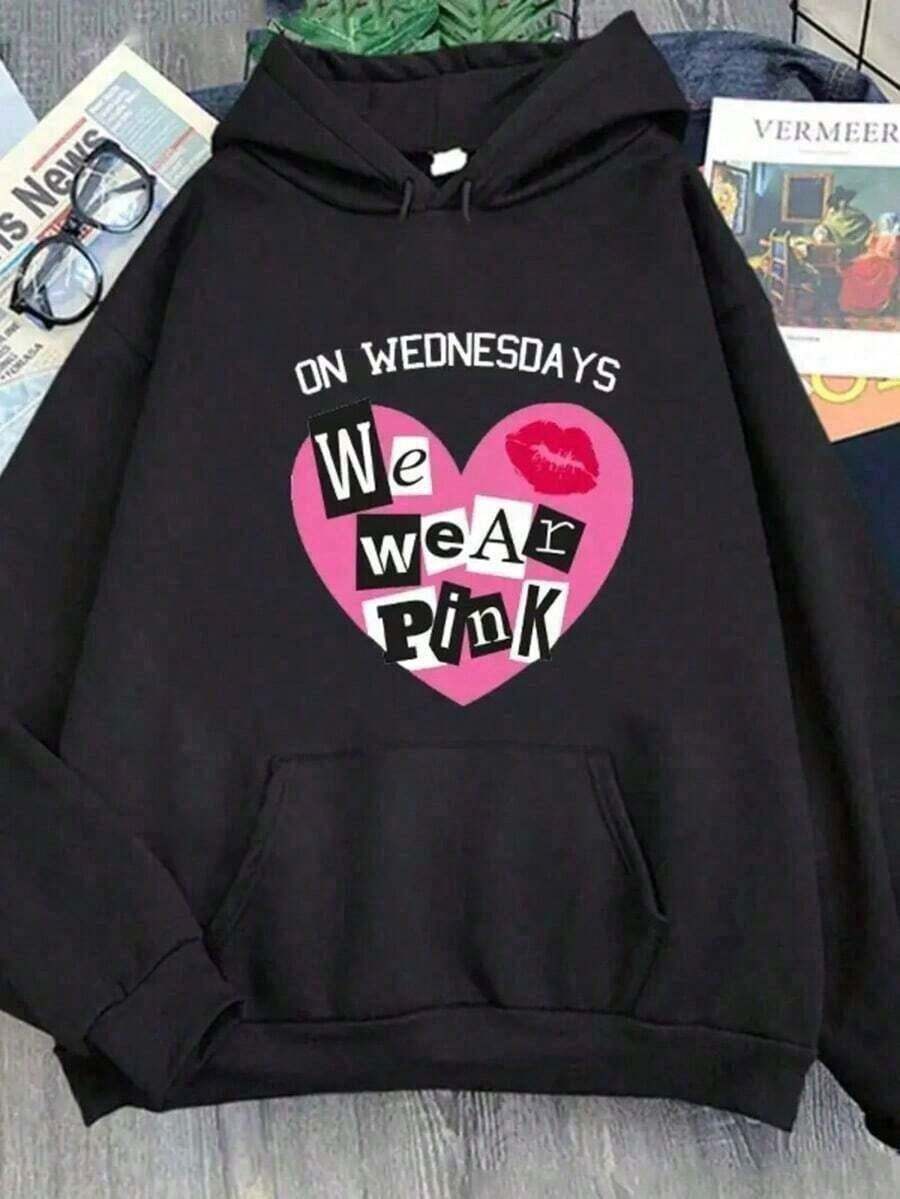 Men 'S "On Wednesdays We Wear Pink" Graphic Hoodie - Cute Long Sleeve Streetwear With Heart & Lipstick Design, Drawstring Hood, Lightweight Polyester, Perfect For Spring & Fall,Fall Hoodies,Men's Fall Clothes,Street Wear,Halloween,Mens Hoodies,Y2k Clothes,Jesus Hoodie,Thanksgiving Day,Nightmare Before Christmas,Christmas,Fall Hoodies,Men's Fall Clothes,Street Wear,Halloween,Mens Hoodies,Y2k Clothes,Jesus Hoodie,Thanksgiving Day,Nightmare Before Christmas,Christmas - màu đen - Xem 1