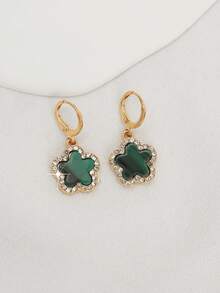 1 par de pendientes de aro con trébol de la suerte y diamantes microincrustados, adecuados para uso diario - Unitalla - Ver 3