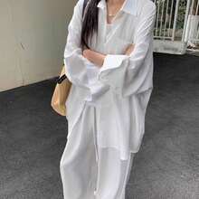 Conjunto informal de blusa de manga larga con botones delanteros y pantalones de unicolor blanco para primavera - Blanco - Ver 7