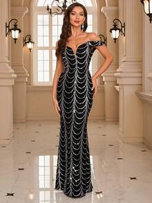 UNITHORSE [Randomly Cut] Heavily Sequined Off Shoulder Formal Dress - Black - View 3